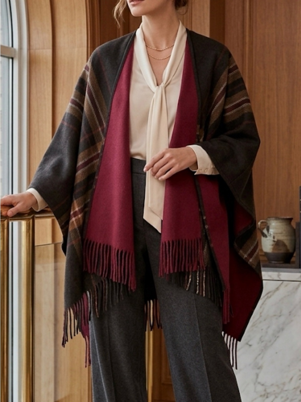 RACHEL ROY Reversible Plaid Poncho Wrap‎ Maroon Check Cape with Fringe Trim OS